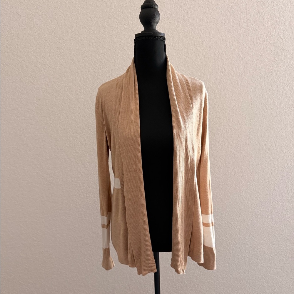 Cullen Tan Open-Front Waterfall Cardigan White Stripe Detail Elegant Chic